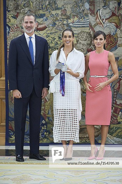 King Felipe VI of Spain Queen Letizia of Spain Ona Carbonnel during an audience at Zarzuela Palace on July 23 2019 in Madrid Spain
