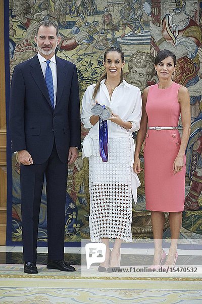King Felipe VI of Spain Queen Letizia of Spain Ona Carbonnel during an audience at Zarzuela Palace on July 23 2019 in Madrid Spain
