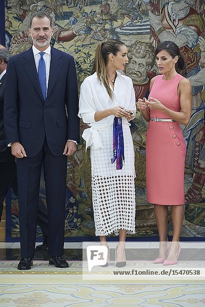 King Felipe VI of Spain Queen Letizia of Spain Ona Carbonnel during an audience at Zarzuela Palace on July 23 2019 in Madrid Spain