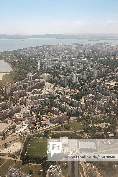 Aerial View of the city of Burgas of the living quarters and the Port of Burgas at the distance Bourgas Bulgaria.