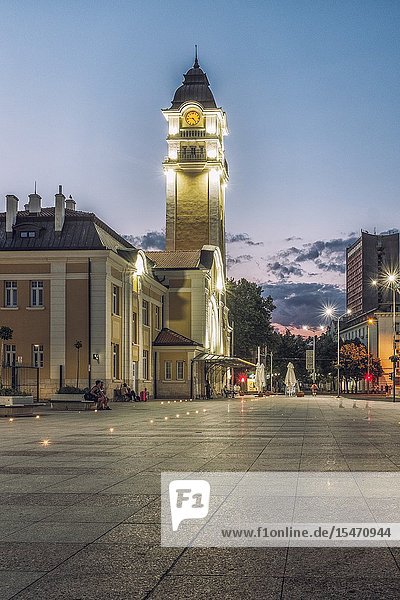 Bulgaria Burgas. The Central Rail way station building in Burgas designed in Art Nouveau Architectural style at night.