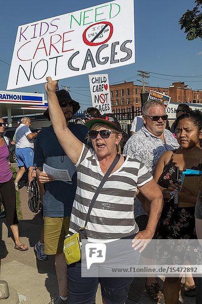 Detroit  Michigan USA - 12 July 2019 - People upset about the separation of immigrant families and the detention of refugees and small children rallied at the Detroit ICE headquarters and marched to an office of the GEO Group  which operates private detention centers. The event was one of more than 700 held across the United States by Lights for Liberty.