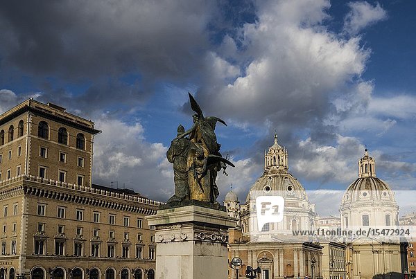 Sculptural group of 'Il Pensiero (Thought)' by Giulio Monteverde. Victor Emmanuel II Monument (Monumento Nazionale a Vittorio Emanuele II). In the background : Palazzo Venezia  Church of Santa Maria di Loreto (St. Mary of Loreto)  and Church of Santissimo Nome di Maria al Foro Traiano (Church of the Most Holy Name of Mary at the Trajan Forum). Piazza Venezia  Rome  Italy  Europe.