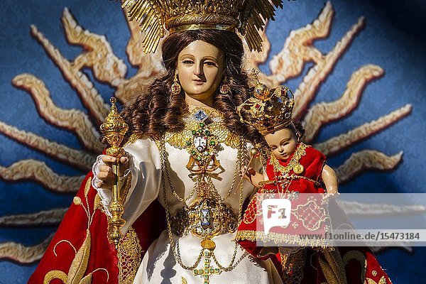 Image of the Blessed Virgin of the rock at hermitage Virge de la Peña  white village of Mijas. Malaga province Costa del Sol. Andalusia  Southern Spain Europe.