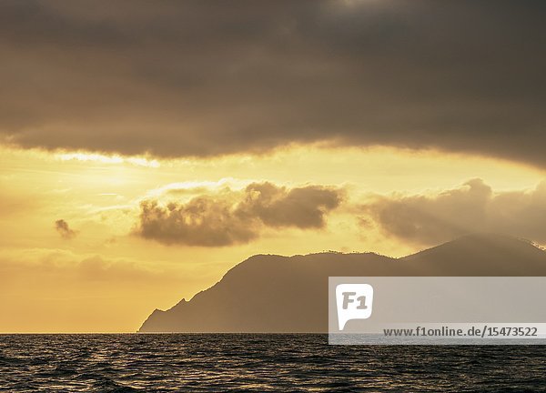 Coast of Cinque Terre at sunset UNESCO World Heritage Site Liguria Italy.