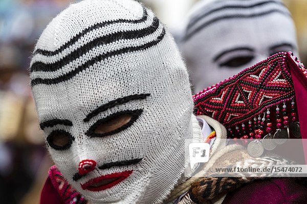 Procession of the Virgen del Carmen of Paucartambo (Cusco) characters and typical costumes. Peru South America.