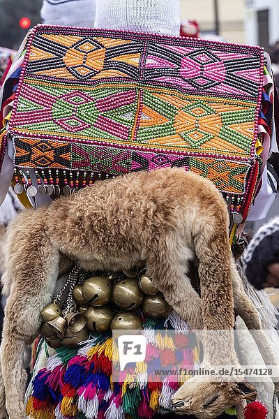 Procession of the Virgen del Carmen of Paucartambo (Cusco) characters and typical costumes. Peru South America.