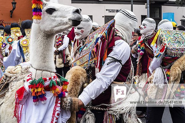 Procession of the Virgen del Carmen of Paucartambo (Cusco) characters and typical costumes. Peru South America.
