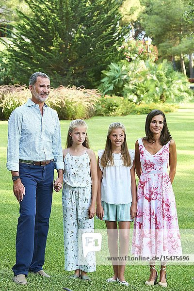 King Felipe VI of Spain Queen Letizia of Spain Crown Princess Leonor Princess Sofia pose for the photograhers during Summer Photosession at Marivent Palace on August 4 2019 in Palma Spain