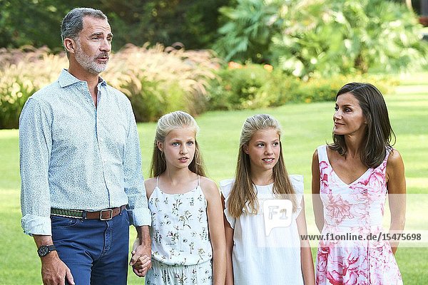 King Felipe VI of Spain Queen Letizia of Spain Crown Princess Leonor Princess Sofia pose for the photograhers during Summer Photosession at Marivent Palace on August 4 2019 in Palma Spain