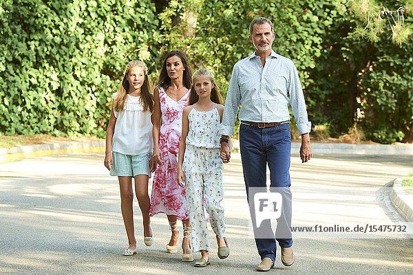 King Felipe VI of Spain Queen Letizia of Spain Crown Princess Leonor Princess Sofia pose for the photograhers during Summer Photosession at Marivent Palace on August 4 2019 in Palma Spain