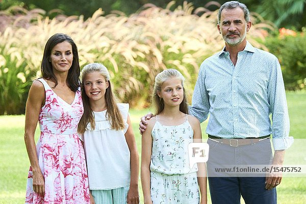 King Felipe VI of Spain Queen Letizia of Spain Crown Princess Leonor Princess Sofia pose for the photograhers during Summer Photosession at Marivent Palace on August 4 2019 in Palma Spain