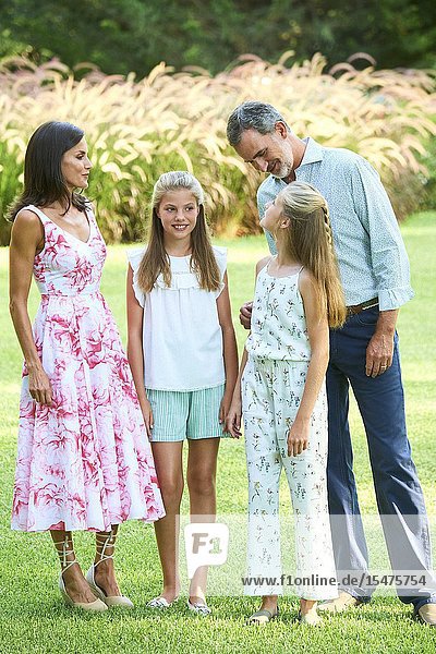 King Felipe VI of Spain Queen Letizia of Spain Crown Princess Leonor Princess Sofia pose for the photograhers during Summer Photosession at Marivent Palace on August 4 2019 in Palma Spain