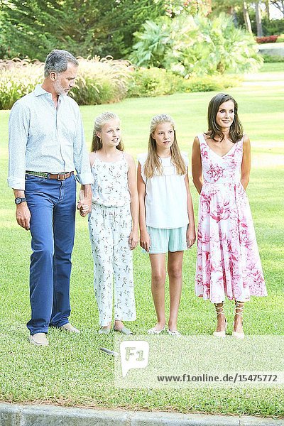 King Felipe VI of Spain Queen Letizia of Spain Crown Princess Leonor Princess Sofia pose for the photograhers during Summer Photosession at Marivent Palace on August 4 2019 in Palma Spain