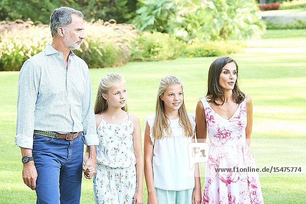 King Felipe VI of Spain Queen Letizia of Spain Crown Princess Leonor Princess Sofia pose for the photograhers during Summer Photosession at Marivent Palace on August 4 2019 in Palma Spain