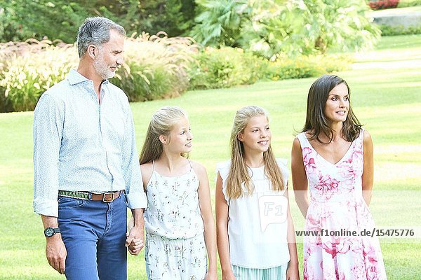 King Felipe VI of Spain Queen Letizia of Spain Crown Princess Leonor Princess Sofia pose for the photograhers during Summer Photosession at Marivent Palace on August 4 2019 in Palma Spain