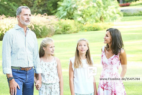 King Felipe VI of Spain Queen Letizia of Spain Crown Princess Leonor Princess Sofia pose for the photograhers during Summer Photosession at Marivent Palace on August 4 2019 in Palma Spain