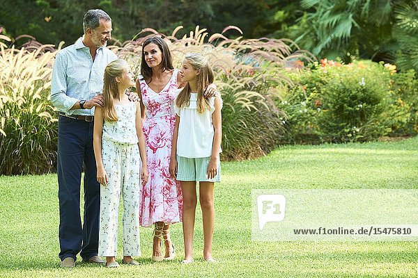 King Felipe VI of Spain Queen Letizia of Spain Crown Princess Leonor Princess Sofia pose for the photograhers during Summer Photosession at Marivent Palace on August 4 2019 in Palma Spain