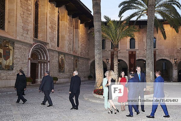 The former Queen Sofia Queen Letizia of Spain King Felipe VI of Spain Host A Dinner For Authorities at Almudaina Palace on August 7 2019 in Palma Spain