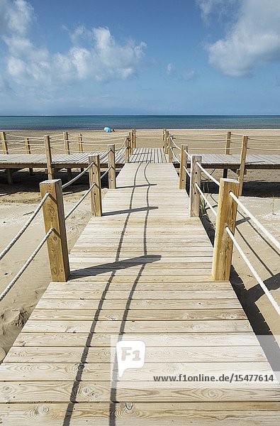 Wooden footbridges at the beach of Riumar. Environs of the Ebro Delta Nature Reserve Tarragona province Catalonia Spain.