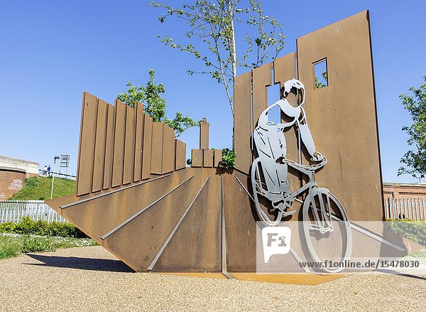 Boy and Bicycle sculpture in Hartlepool England United Kingdom. A tribute to Ridley Scottâ.s first film â. œBoy and Bicycleâ.(1965) which was filmed in Hartlepool where he studied at the local college. â.Boy and Bicycleâ.originates from a still from Ridley Scottâ.s first short film Boy and Bicycle (1965). The film was shot in black and white on location in Hartlepool starring his brother Tony Scott where in the captured still he cycles along Church Street. Tony Scott passed away in 2012 and the sculpture is dedicated to his memory. The film was the inspiration for the Hovis boy on a bike tv advert directed by Ridley Scott.