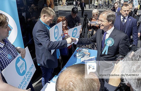 Newcastle upon Tyne UK. 20th May 2019. UK. Nigel Farage chats to supporters and members of the public minutes before having a milkshake thrown over him while campaigning for the Brexit party in Newcastle city centre.