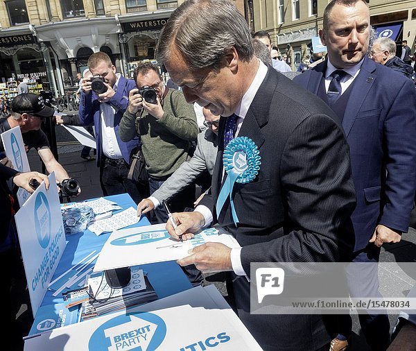 Newcastle upon Tyne UK. 20th May 2019. UK. Nigel Farage chats to supporters and members of the public minutes before having a milkshake thrown over him while campaigning for the Brexit party in Newcastle city centre.