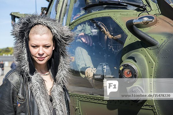 Gilze-Rijen Netherlands. Liberation Festival 2016. Artist and Ambassador for Freedom Sharon Kovacs preparing to be airlifted from the Dutch Airforce Airbase by a Cougar helicopter to perform her act during May 5th Liberation Day Festivals.
