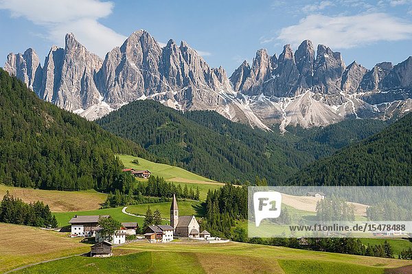 St. Magdalena Villnoess Trentino-Alto South Tyrol Italy Europe - The Nature Park of the Villnoess Valley with Dolomite mountains of the Puez Geisler Group.