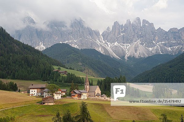St. Magdalena Villnoess Trentino-Alto South Tyrol Italy Europe - The Nature Park of the Villnoess Valley with Dolomite mountains of the Puez Geisler Group.