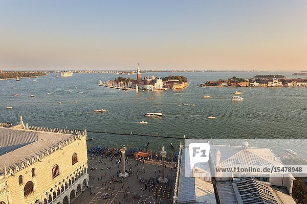 St. Mark's Square and St' Georges island seen from the top of St. Mark's Campanile Venice Veneto Italy.