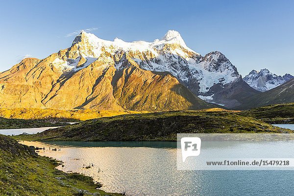 Chile Patagonia Magallanes and the Chilean region of Antarctica Ultima Esperanza provinces Torres del Paine National Park Cerro Paine Grande and Nordenskjöld Lake at dawn.