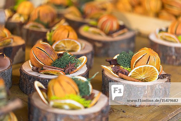 Detail of Christmas decorations made with dried fruit into the Christmas Markets Bolzano province South Tyrol Trentino Alto Adige Italy.