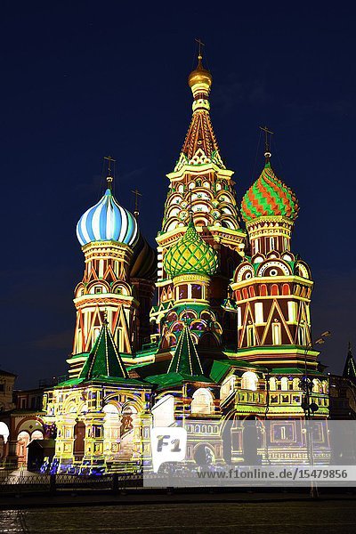 Illuminated in different colors of Saint Basil's Cathedral (Cathedral of Vasily the Blessed) Red Square Moscow Russia.