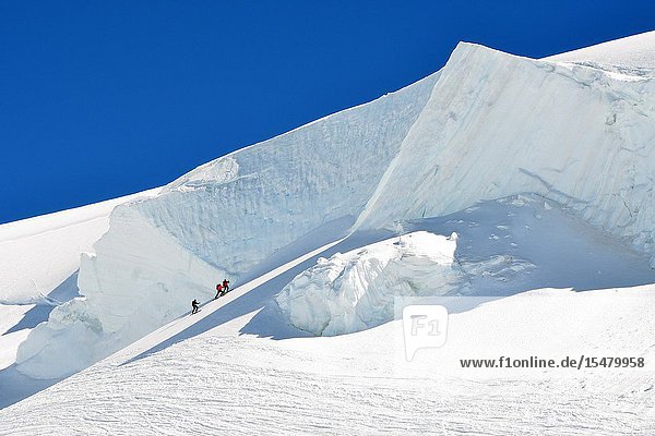 Huge seracs climbing Capanna Margherita (Margherita hut) Monte Rosa Aosta Valley Italy.