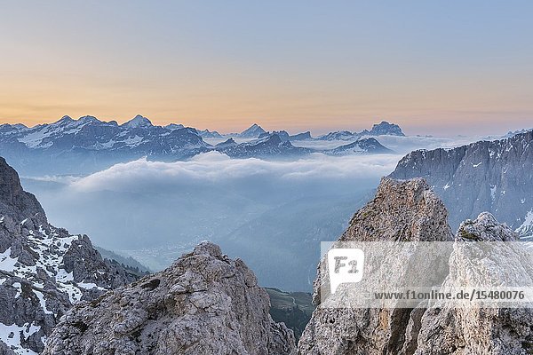 Gran Cir Gardena Pass Dolomites Bolzano district South Tyrol Italy Europe. View just before sunrise from the summit of Gran Cir to the mountains of Tofane Sorapiss Antelao and Mount Pelmo.