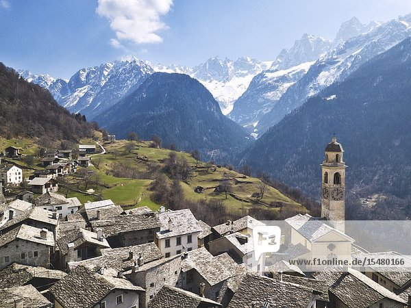 Village of Soglio aerial view in Bregaglia Valley Switzerland Europe.