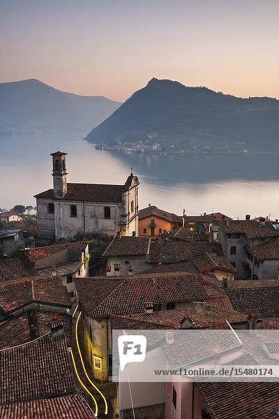 Vesto, fraction of Marone, at sunset in Iseo lake, Lombardy district, Brescia province, Italy, Europe.