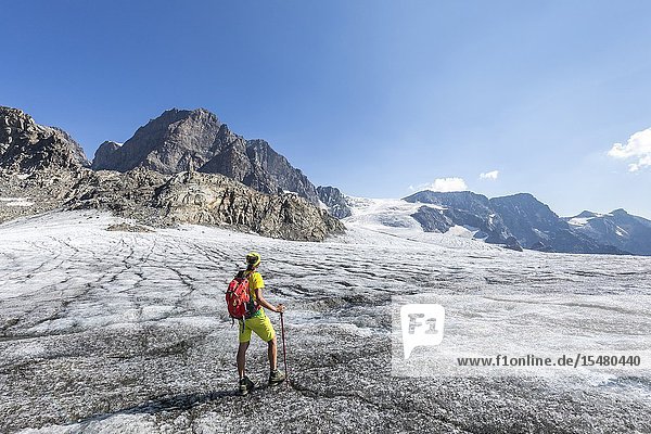 Hiker admiring Fellaria Glacier during summer Malenco Valley Sondrio Province Valtellina Lombardy Italy Europe.