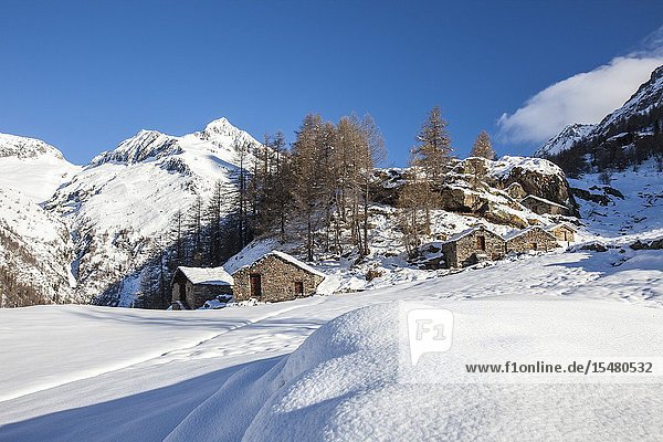 Stone huts covered with snow Alpe dell'Oro Valmalenco Valtellina Sondrio province Lombardy Italy.