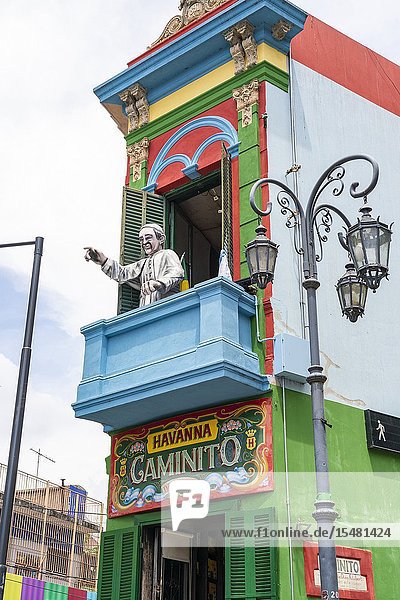 Statue of Pope Francis on a terrace. El Caminito Street La Boca district Buenos Aires Argentina.