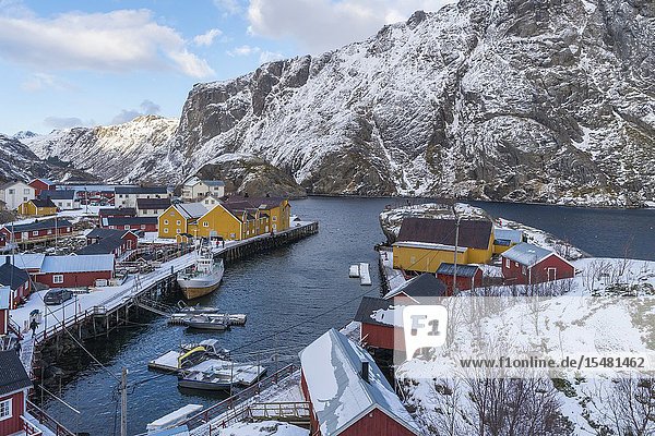 Boats in the harbour of the village in winter. Nusfjord, flakstad municipality, Nordland county, Northern Norway, Norway.