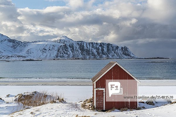 Red cabin in the snow on Ramberg beach  with mountains in the background. Flakstad municipality  Nordland county  Northern Norway  Norway.