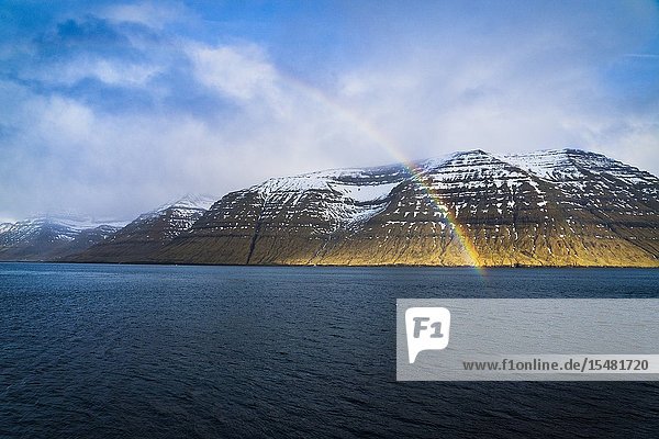 Rainbow over Kunoy Island Nordoyar Faroe Islands Denmark.