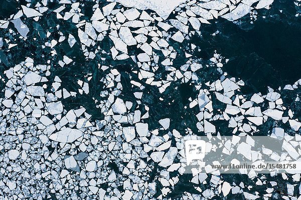 Aerial view of ice sheets in the frozen sea next to harbor  Ballstad  Vestvagoy  Lofoten Islands  Norway.