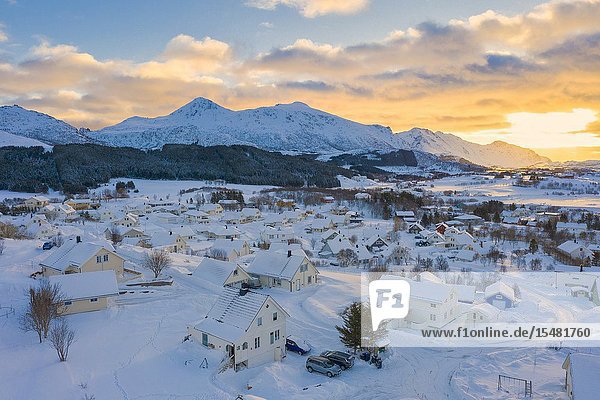 Traditional houses covered with snow Leknes Vestvagoy Lofoten Islands Norway.