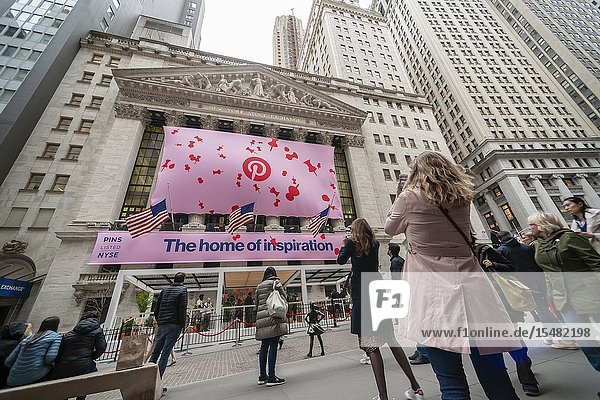 The New York Stock Exchange is decorated for the first day of trading for Pinterest's initial public offering (IPO) in Lower Manhattan in New York on Thursday April 18 2019. The social media giant priced its shares at $19 making the company worth over $10 billion well into the 'unicorn' range. (© Richard B. Levine).