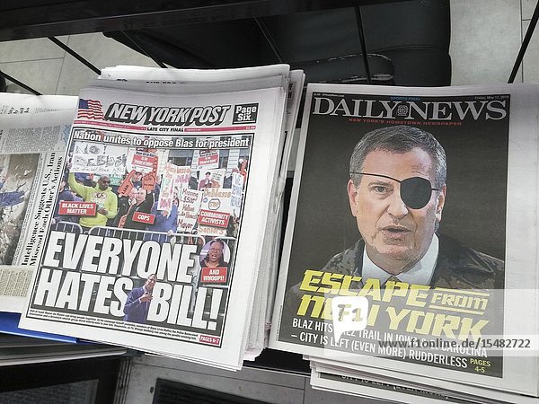 Front pages of the New York Daily News and New York Post newspapers comment on New York Mayor Bill De Blasioâ.s announcement that he is joining the 21 other contenders to run for U. S. president in 2020. (© Richard B. Levine).