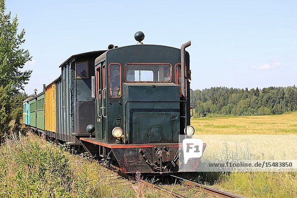 Move21 diesel locomotive 67 for narrow track railways  manufactured by Valmet Oy  on Jokioinen museum railway. Palomaki  Finland. July 28  2019.