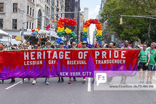 Over 150 000 marchers and millions of spectators converged on the Stonewall 50/ World Pride Parade in New York on Sunday June 30 2019. The parade commemorates to 50th anniversary of the Stonewall riots which are considered the seminal rise in the gay rights movement. (© Richard B. Levine).